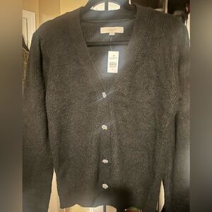 LOFT Size Medium Black Cardigan Rhinestone Floral Button-Up